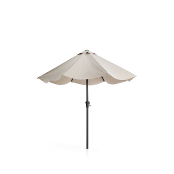 Sombrilla Milna beige con mástil central y estructura de acero.
