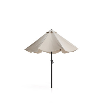 Sombrilla Milna beige con mástil central y estructura de acero.