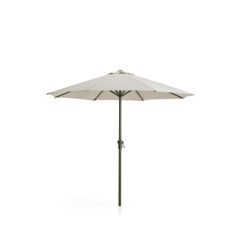 Sombrilla Milna beige con mástil central y estructura de acero.