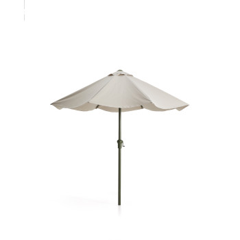 Sombrilla Milna beige con mástil central y estructura de acero.