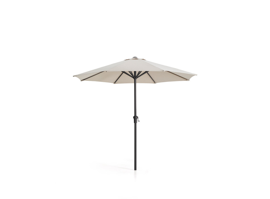 Sombrilla Milna beige con mástil central y estructura de acero.