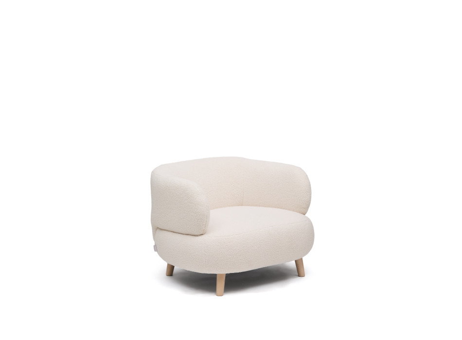 Sillón Luisa en tejido bouclé crudo en madera maciza de haya 90 cm