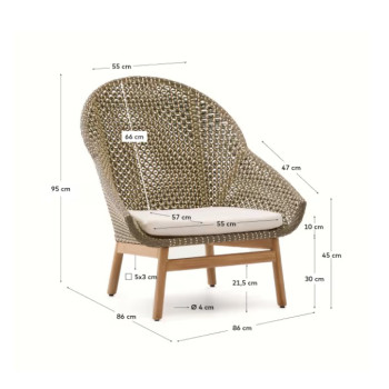 Sillón Olbia con respaldo alto en ratán sintético y madera maciza de teca 100% certificada FSC.