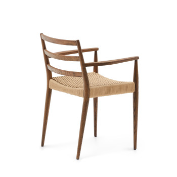 Silla Analy con reposabrazos en madera maciza de roble con acabado nogal y asiento de cuerda 100% FSC