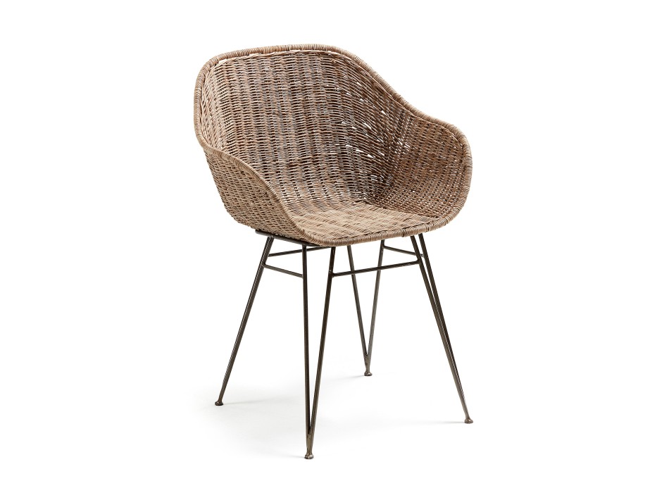 Silla Chart en ratán y patas de acero, acabado gris, ratán natural.