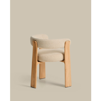 Silla de exterior Granite de 3 patas color beige con patas de teca maciza en acabado de tono natural FSC 100%.
