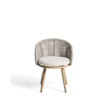 Silla de exterior Lidario en aluminio con efecto madera y cuerda sintética gris paloma.