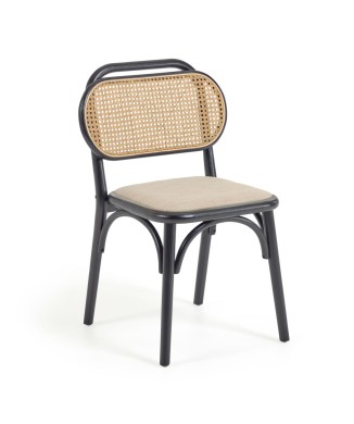 Silla Doriane en madera maciza de olmo lacada en negro y asiento de tela