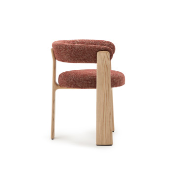 Silla de granito de 3 patas en terracota chenilla, madera maciza de fresno, acabado natural, FSC 100%