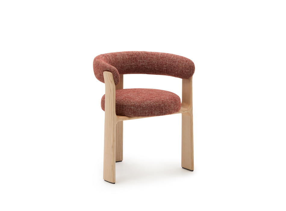 Silla de granito de 3 patas en terracota chenilla, madera maciza de fresno, acabado natural, FSC 100%