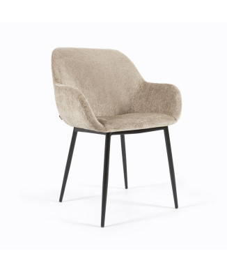Silla Konna en chenilla de terciopelo beige con patas de acero pintado de negro