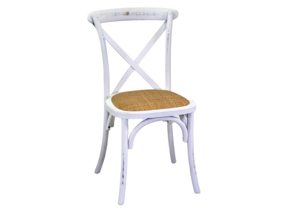 Silla de madera Cross con asiento tejido Vacchetti apilable en color blanco antiguo.