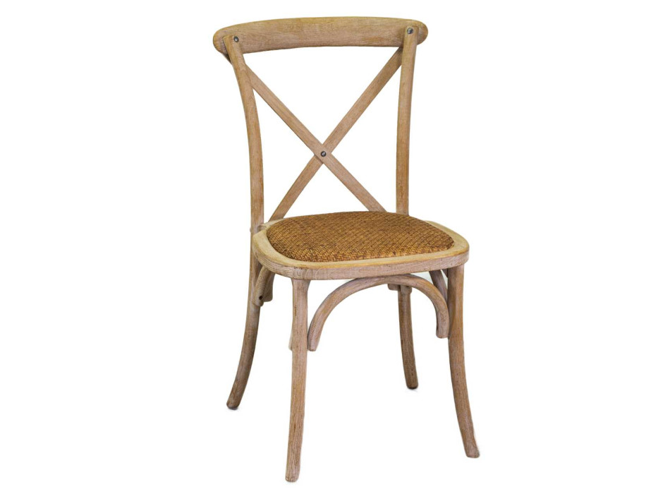 Silla apilable de madera natural con asiento tejido en forma de cruz, modelo Vacchetti