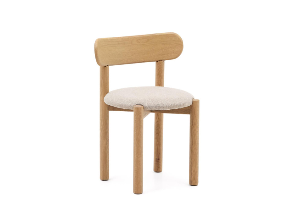 Silla Nebai en chenilla beige con estructura de roble macizo, acabado natural FSC MIX C