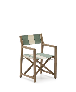 Silla de exterior plegable Vilara con rayas verdes y beige fabricada en madera maciza de acacia 100% FSC.