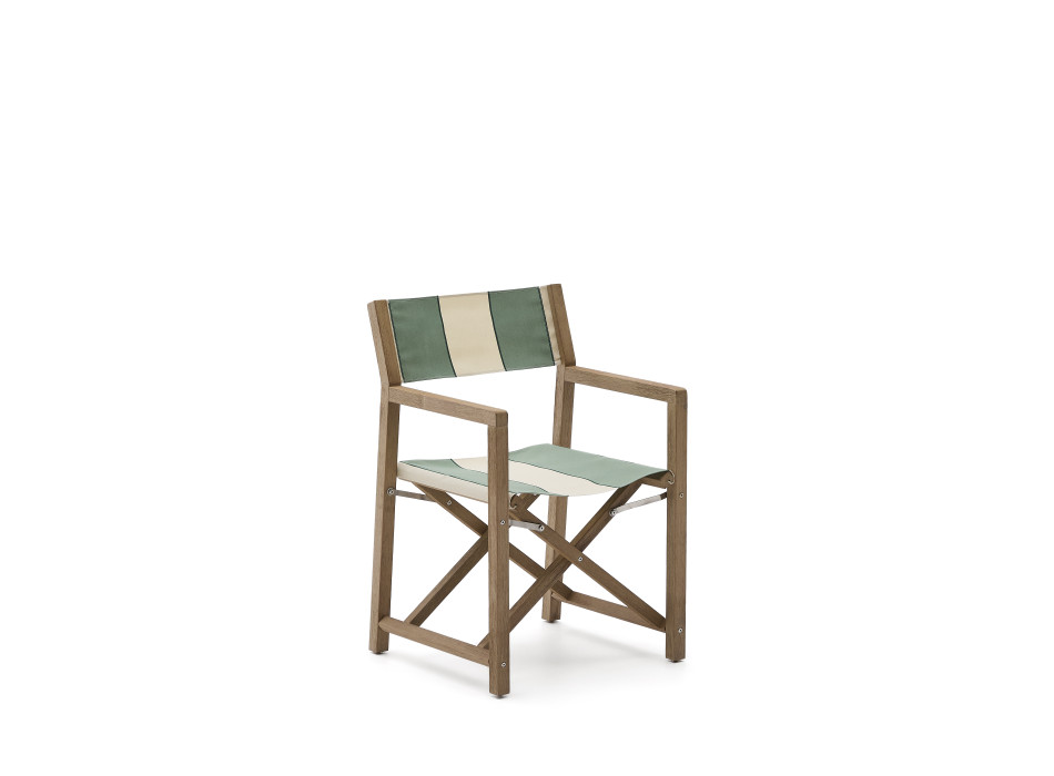 Silla de exterior plegable Vilara con rayas verdes y beige fabricada en madera maciza de acacia 100% FSC.