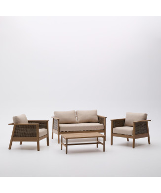 Conjunto Alabe compuesto por sofá de 2 plazas, 2 sillones y mesa de centro en madera FSC 100% acacia.