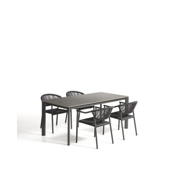Conjunto de mesa Anafi en piedra sinterizada y aluminio grafito y 4 sillas Livadia en aluminio grafito de 180 x 90 cm.