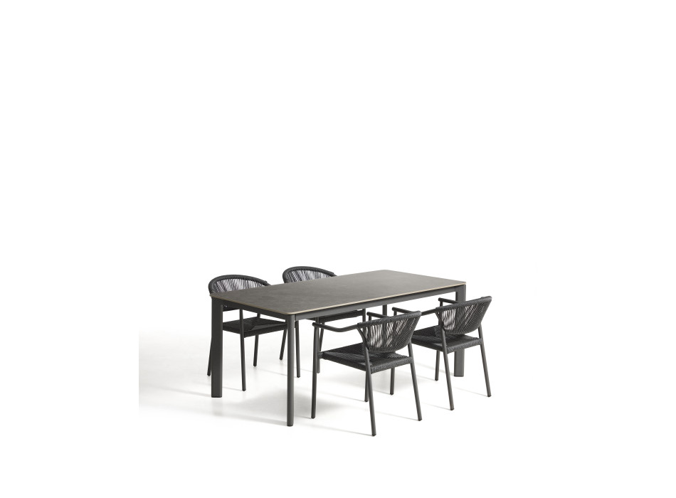 Conjunto de mesa Anafi en piedra sinterizada y aluminio grafito y 4 sillas Livadia en aluminio grafito de 180 x 90 cm.