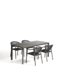 Conjunto de mesa Anafi en piedra sinterizada y aluminio grafito y 4 sillas Livadia en aluminio grafito de 180 x 90 cm.