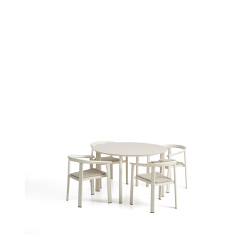 Conjunto Erice compuesto por 4 sillas apilables de aluminio y cuerda y una mesa de aluminio y vidrio templado.