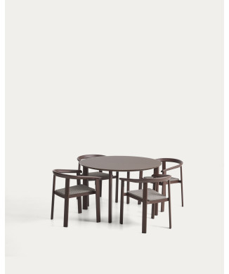Conjunto Erice compuesto por 4 sillas apilables de aluminio y cuerda y una mesa de aluminio y vidrio templado.