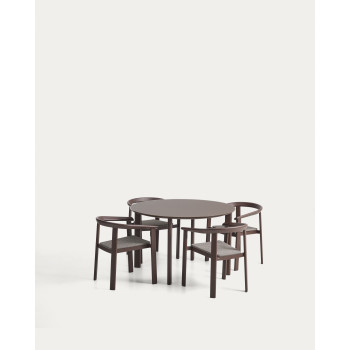 Conjunto Erice compuesto por 4 sillas apilables de aluminio y cuerda y una mesa de aluminio y vidrio templado.