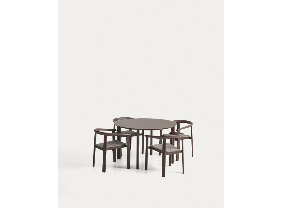 Conjunto Erice compuesto por 4 sillas apilables de aluminio y cuerda y una mesa de aluminio y vidrio templado.