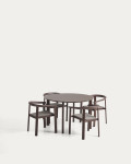 Conjunto Erice compuesto por 4 sillas apilables de aluminio y cuerda y una mesa de aluminio y vidrio templado.