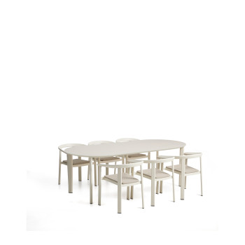 Conjunto Erice compuesto por 6 sillas apilables de aluminio y cuerda y una mesa de aluminio y vidrio templado.