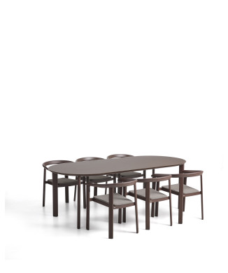 Conjunto Erice compuesto por 6 sillas apilables de aluminio y cuerda y una mesa de aluminio y vidrio templado.