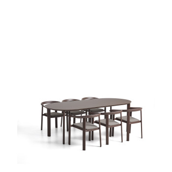 Conjunto Erice compuesto por 6 sillas apilables de aluminio y cuerda y una mesa de aluminio y vidrio templado.