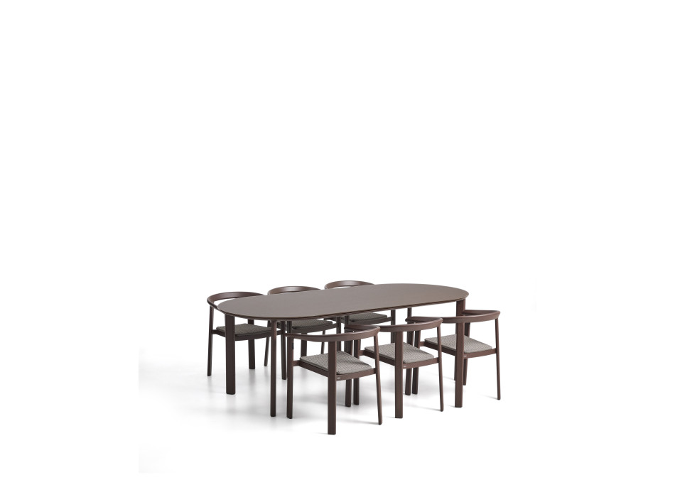 Conjunto Erice compuesto por 6 sillas apilables de aluminio y cuerda y una mesa de aluminio y vidrio templado.
