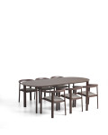 Conjunto Erice compuesto por 6 sillas apilables de aluminio y cuerda y una mesa de aluminio y vidrio templado.