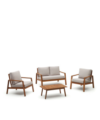 Conjunto Frares de sofá de 2 plazas, 2 sillones y mesa de centro en madera maciza de acacia