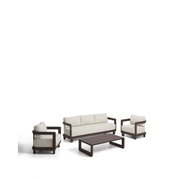 Conjunto Nerano con sofá de 3 plazas, 2 sillones y mesa de centro en cristal templado y aluminio marrón.