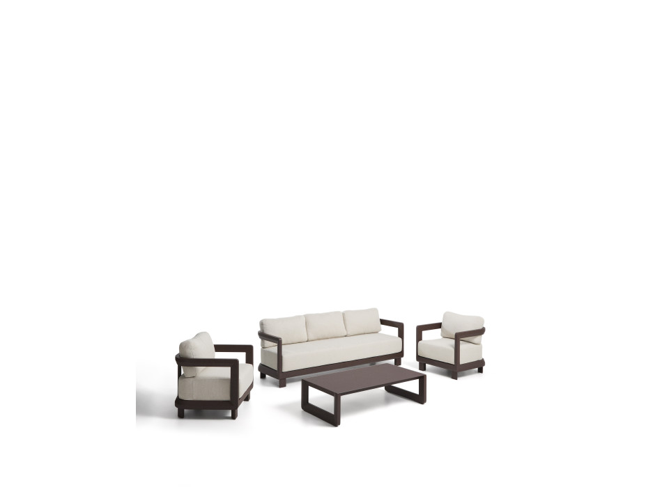 Conjunto Nerano con sofá de 3 plazas, 2 sillones y mesa de centro en cristal templado y aluminio marrón.
