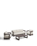 Conjunto Nerano con sofá de 3 plazas, 2 sillones y mesa de centro en cristal templado y aluminio marrón.