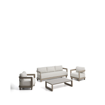 Conjunto Nerano con sofá de 3 plazas, 2 sillones y mesa de centro en cristal templado y aluminio color topo.