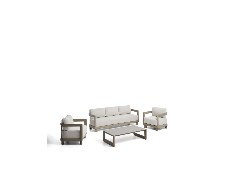 Conjunto Nerano con sofá de 3 plazas, 2 sillones y mesa de centro en cristal templado y aluminio color topo.