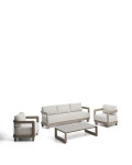 Conjunto Nerano con sofá de 3 plazas, 2 sillones y mesa de centro en cristal templado y aluminio color topo.
