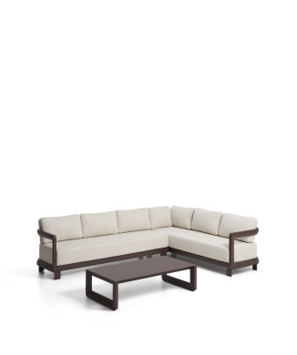 Conjunto Nerano con sofá esquinero de 5 plazas y mesa de centro de cristal templado y aluminio marrón.