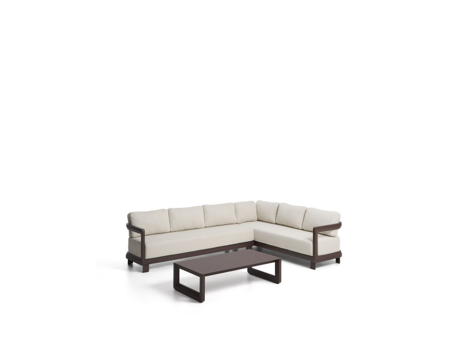 Conjunto Nerano con sofá esquinero de 5 plazas y mesa de centro de cristal templado y aluminio marrón.