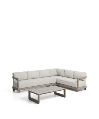 Conjunto Nerano con sofá esquinero de 5 plazas y mesa de centro de cristal templado y aluminio color topo.