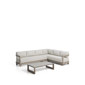 Conjunto Nerano con sofá esquinero de 5 plazas y mesa de centro de cristal templado y aluminio color topo.
