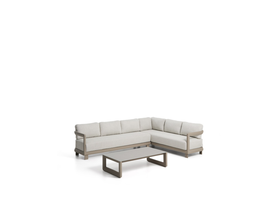 Conjunto Nerano con sofá esquinero de 5 plazas y mesa de centro de cristal templado y aluminio color topo.