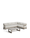 Conjunto Nerano con sofá esquinero de 5 plazas y mesa de centro de cristal templado y aluminio color topo.