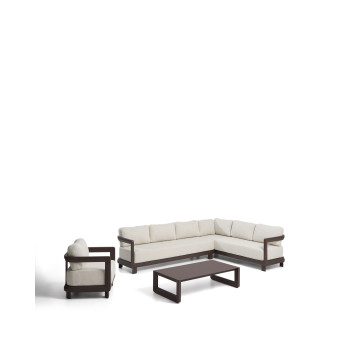 Conjunto Nerano con sofá esquinero de 5 plazas, sillón y mesa de centro en cristal templado y aluminio marrón.