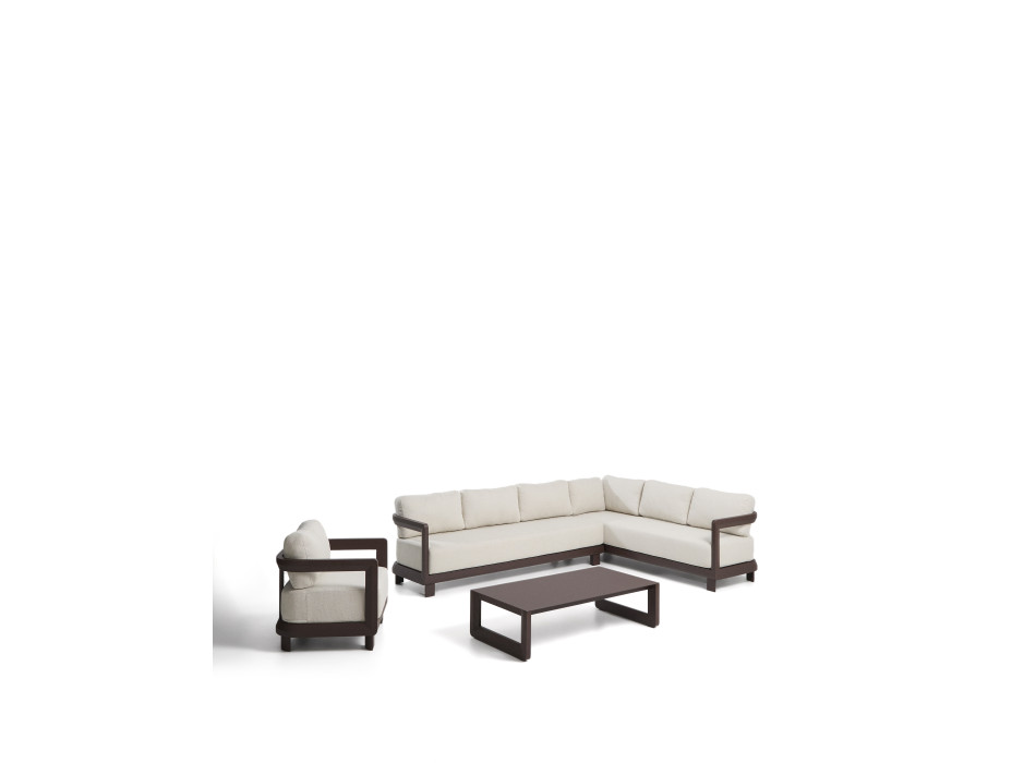 Conjunto Nerano con sofá esquinero de 5 plazas, sillón y mesa de centro en cristal templado y aluminio marrón.