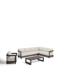 Conjunto Nerano con sofá esquinero de 5 plazas, sillón y mesa de centro en cristal templado y aluminio marrón.